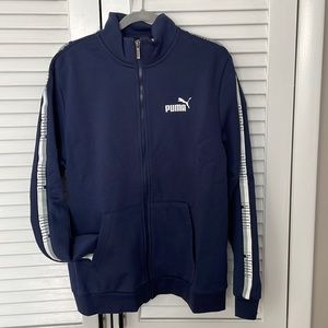 NWT Puma zip up. Size large. Navy with grey and white stripes.